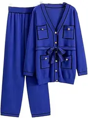 [HEYDHSDC] Women V-Neck Preppy Cardigan Tracksuits Single Bread Wide Leg Pants Suit Two Piece Set