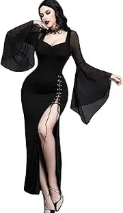 [InGoticos] Women Gothic Sexy Slit Flare Sleeve Patchwork Party Dress