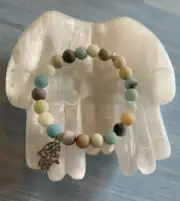 Matte Natural Amazonite Beaded Bracelet Silver Tone Hamsa Hand Charm