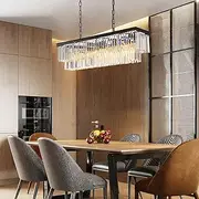 USOR Modern Crystal Chandelier 8 Lights Black Ceiling Light L100xW35cm Luxury Crystal Pendant Lights Fixture 3 Colors Island Light Linear Chandeliers for Dining Room Living Room Kitchen Bulbs Included
