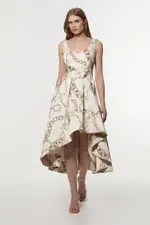Structured Viscose Satin Chain Print Tailored Prom Maxi Dress