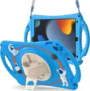 zenrich Kids Astronauts Case for iPad 9th 8th 7th Generation 10.2'' and iPad Air 10.5 /Pro 10.5, Spaceman Silicone Case with Stand Shoulder Strap Hand Strap Handle Grip Pencil Holder, Light Blue