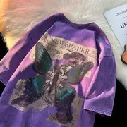 Short-Sleeve Crew Neck Butterfly Print Tee Purple - L