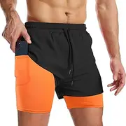 [Surenow] Mens 2 in 1 Running Shorts Quick Dry Athletic Shorts with Liner, Workout Shorts with Zip Pockets and Towel Loop