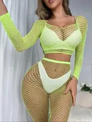 FISHNET SET CROP TOP LONG SLEEVES + STOCKINGS NEON EXOTIC DANCER STRIPPER RAVE