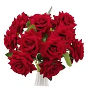 12 Pcs Velvet Red Roses Artificial Flowers with Long Stems Fake Silk Roses