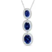Oval Lab-Created Blue Sapphire and Diamond Accent Frame Three Stone Pendant in Sterling Silver