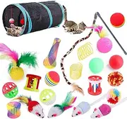 22-Piece Interactive Cat Toys Set for Indoor Cats with Collapsible Tunnel, Feather Teaser Wand, Crinkle Balls - Multi-Color Kitten to Adult Cat Toys (All Breeds)