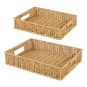 2pcs Woven Baskets Serving Trays with Handles, Poly Wicker Bread Basket Recta...