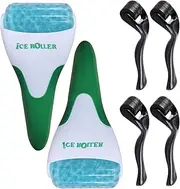 Rollnewskin 0.2mm Derma Roller Set: 2 PCS Ice Roller + 4 PCS Titanium Microneedle Rollers for Face, Body, Beard Growth - Home Skin Care Bundle for Puffiness, Migraine Relief, Minor Injuries & (Green)