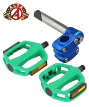 ALTA Original Bike 4-Bolt 21.1mm BMX Stem Blue & Alloy Pedals 9/16" in Green