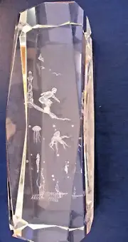 Vintage 3D Laser Etched Surfer with Sea Life Glass Paperweight