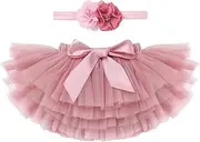 [IDOPIP] Baby Girl Tutu Skirt with Diaper Cover Toddler Girls Tulle Bloomers and Headband First Birthday Cake Smash Outfits 0-3T