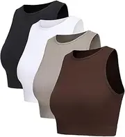 [YOAKUKA] Women's Tank 4 Piece Seamless Ribbed High Neck Tops Workout Shirts Yoga Crop Top