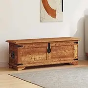 Rough Mango Wood Storage Chest - Handmade Solid Wood Trunk | Rustic Large Wooden Box for Living Room, Bedroom | 110x35x40 cm | Blanket, Toy, Shoe Bench | Unique Wax-Coated Finish