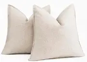 Foindtower Pack of 2 Decorative Cotton Linen Throw Pillow Covers Soft Modern Farmhouse Cushion Cover Cozy Vintage Accent Pillowcase for Couch Sofa Bed Living Room Home Decor, 22×22 Inch Light Beige