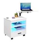 Smart Bedside Table LED End Desk Adjustable Night Stand Rotatable Laptop Workstation Bedroom Drawer Human Induction White