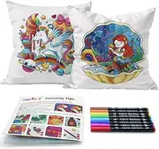 SNEILJOY Kids Fabric Art Kit with 2 Pillowcases (Mermaid & Unicorn) & 8 Non-Fading Markers, 15.5x15.5 in, Girls Birthday Gifts for Ages 6-8
