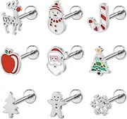 [BodyAce] 9PCS Christmas Lip Ring Labret Studs, 16 Gauge Flat Back Cartilage Earrings for Women, Christmas Tree Conch Tragus Piercing Santa Helix Jewelry