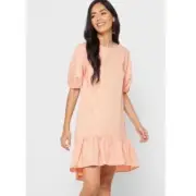 NWT Topshop Solid Peach Cotton Puff Sleeve Cut Out Back Shift Mini Dress Size 6