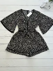 Rrp$99 Little Lies Womens Size 12 (14) Black Animal Print Short Sleeve Playsuit