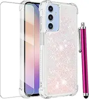 for Samsung Galaxy A15 5G Case with Screen Protector, Women Girls Glitter Bling Liquid Floating Cute Soft TPU Slim Silicone Shockproof Bumper Protective Phone Cover for Samsung A15 5G -Pink Sliver