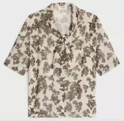 NWT Celine Floral Print Silk Chiffon Button Down Neck Bow Blouse Top 40 8 $1695