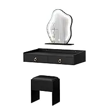 ALFORDSON Floating Dressing Table Chair Set with LED Mirror, Wall Mounted Makeup Dessk and Matching Storage Stool 77cm for Compact Space, Black