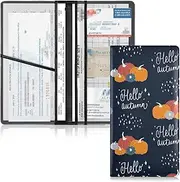 [Caihoyu] Car Registration and Insurance Card Holder Autumn Pattern Of Orange Red Blue and Grey Pumpkins Doodle Calligraphy Hello Autumn and Stars Leather Auto Glove Box Organize Men Women Wallet Accessories,
