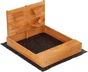 Keezi Kids Sandpit, Wooden Rectangle Sand Pit Sandbox Play Toys Sandcastle Garden Patio Beach Activity Outdoor Toy Games, with Cover Funnel Ground Sheet Large Seat