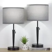 Set of 2 Bedside Lamp, Pull Chain Big Table Lamps with USB C+A Charging Gray