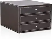 Office Cabinet File Box 3-Drawer Leather Filing Cabinets, Desk 3 Layer Leather File Cabinet Drawer Style A4 Document Storage Box Business Office Supplies Furniture-Brown