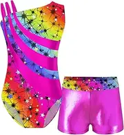 [Moggemol] Kids Girls Sparkly Gymnastics Leotards With Shorts 2 Piece Outfits Ballet Dance Bodysuit Dancewear