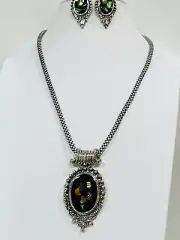 Vintage enamel abalone Shell necklace pierced earrings 19” Set New Silver Tone