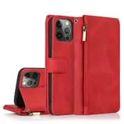 Pro Case 8 Card Slots Retro Leather Wallet Shockproof Flip Kickstand Cover with Zipper Pocket - Red