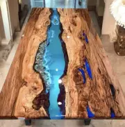 Clear Blue Epoxy Resin Top Dining Table Natural Acacia Wooden Hallway Decors
