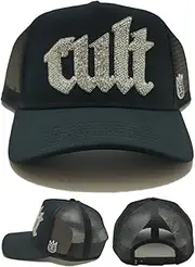 [Cult of Individuality] New Luxe Script Mesh Trucker Black Snapback Hat, Black, One Size