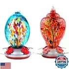 2 Pack Unique Hand Blown Glass Hummingbird Feeders for Outdoors Hanging Patio