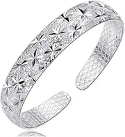 [BABESA] Sterling Silver Bracelet,Chain Bangle,Sterling Silver Bracelet for Women,Women 925 Silver Bracelet Gypsophila Carving Adjustable Cuff Bangle Friendship Bracelet Ladies Silver Jewellery Birthday Gifts