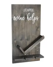 Lalia Home Lucca Wall Mounted Wooden Life Happens Wine Helps Wine Bottle Shelf with Glass Holder