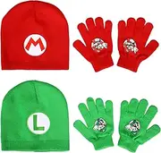 [Bioworld] Super Mario Brothers Mario & Luigi Youth 2-Pack Beanie and Glove Set, Multicolored, One Size