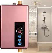 Tankless Water Heater Electric 220V, On Demand Hot Water Heater Digital Display 5.5kW,Electric Instant Hot Water Heater,Overheating Protection,Rosegold