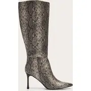Snake Pu Point Toe Thin Block High Heel Knee High Boots, Snake Print