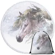 Winter Snow and Bright Hair White Horse Round Beach Towel
