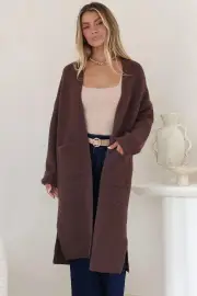 Levi Cardigan - Open Front Long Knit Cardigan with Pockets in Coffee