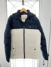 Nautica Performance Puffer Coat Jacket Color Block Navy Blue White New With Tag