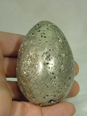 BUTW Iron Pyrite Fools Gold Lapidary Carved 47mm X 66mm EGG w/ Free Stand 7654D