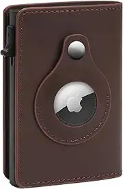 [WGJJ] Mens Smart Wallet Card Holder for AirTag - Leather, Mens Minimalist Wallet with Apple Air Tag Holder, Slim Smart Pop up Card Case, ID Window, RFID Blocking (No Airtag Included) (Dark Brown)