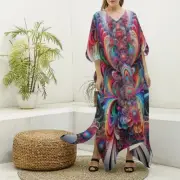 Psychedelic Satin Kaftan Maxi Dress Festival Caftan Goddess New Age Fractal Pink