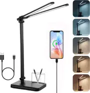 Double Head LED Desk Light with USB Charging Port,Eye-Caring Foldable Touch Control Reading Lamp with 5 Color Modes & 10 Brightness (Black)